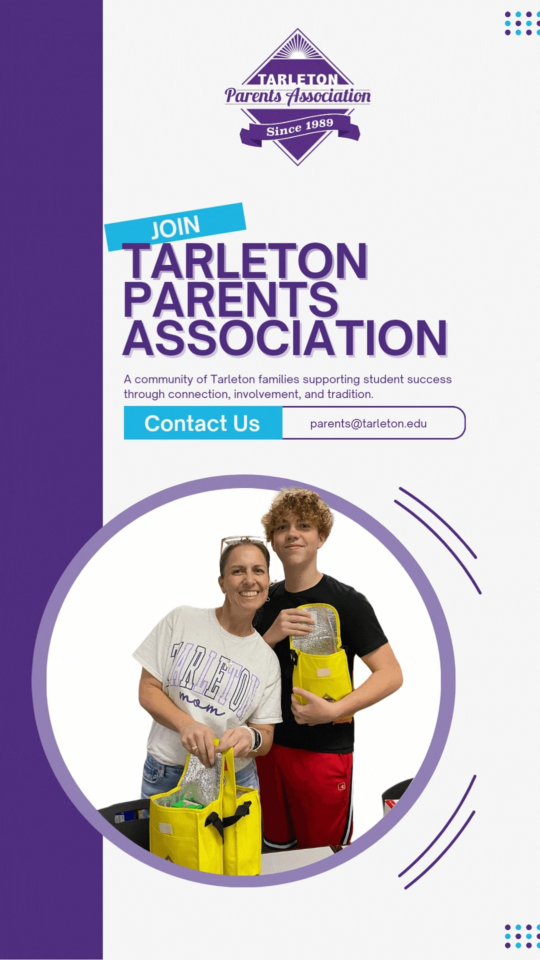 The image is a promotional poster for the Tarleton Parents Association, featuring a smiling adult and teenager with yellow bags, encouraging contact via an email address.