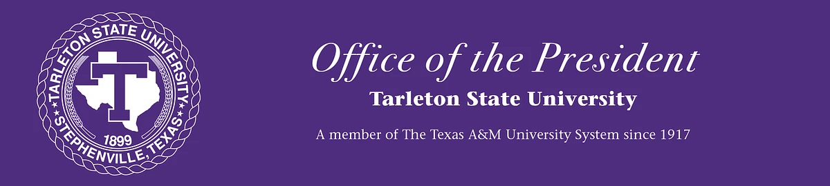 Purple box with the President's Tarleton seal on the left and works Office of the President on the right.