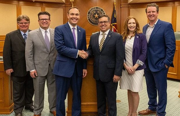 Leaders from Tarleton State, Stephenville, Erath County and the Texas Legislature were on hand last week for the signing of a dual enrollment agreement between the university and the Stephenville Independent School District. The partnership with SISD is the first of many more to come. From left are Stephenville Mayor Doug Svien, Rep. DeWayne Burns (Dist. 58), Tarleton President James Hurley, SISD Superintendent Eric Cederstrom, Rep. Shelby Slawson (Dist. 59) and Erath County Judge Brandon Huckabee.