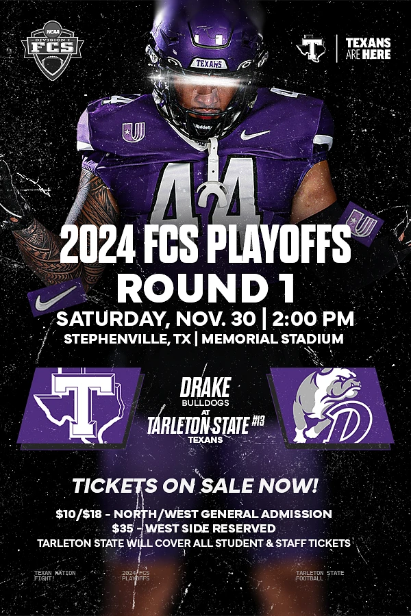 The image is an advertisement for the 2024 FCS Playoffs Round 1 football game between Drake Bulldogs and Tarleton State Texans on Saturday, Nov. 30, at Memorial Stadium in Stephenville, TX, with ticket details included.