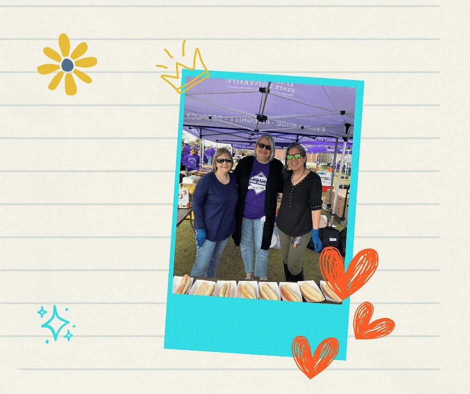Three people stand smiling under a tent at an outdoor event, surrounded by playful doodles on a lined paper background.