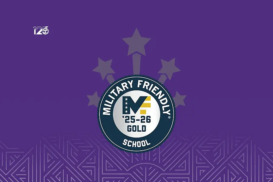 The image features a "Military Friendly School '25-'26 Gold" badge on a purple background with stars and a decorative pattern.