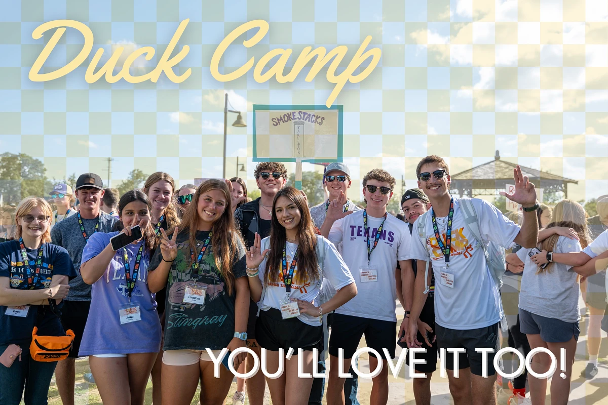 A group of happy young people posing together at "Duck Camp" with smiles and peace signs, under the tagline "You'll Love It Too!"