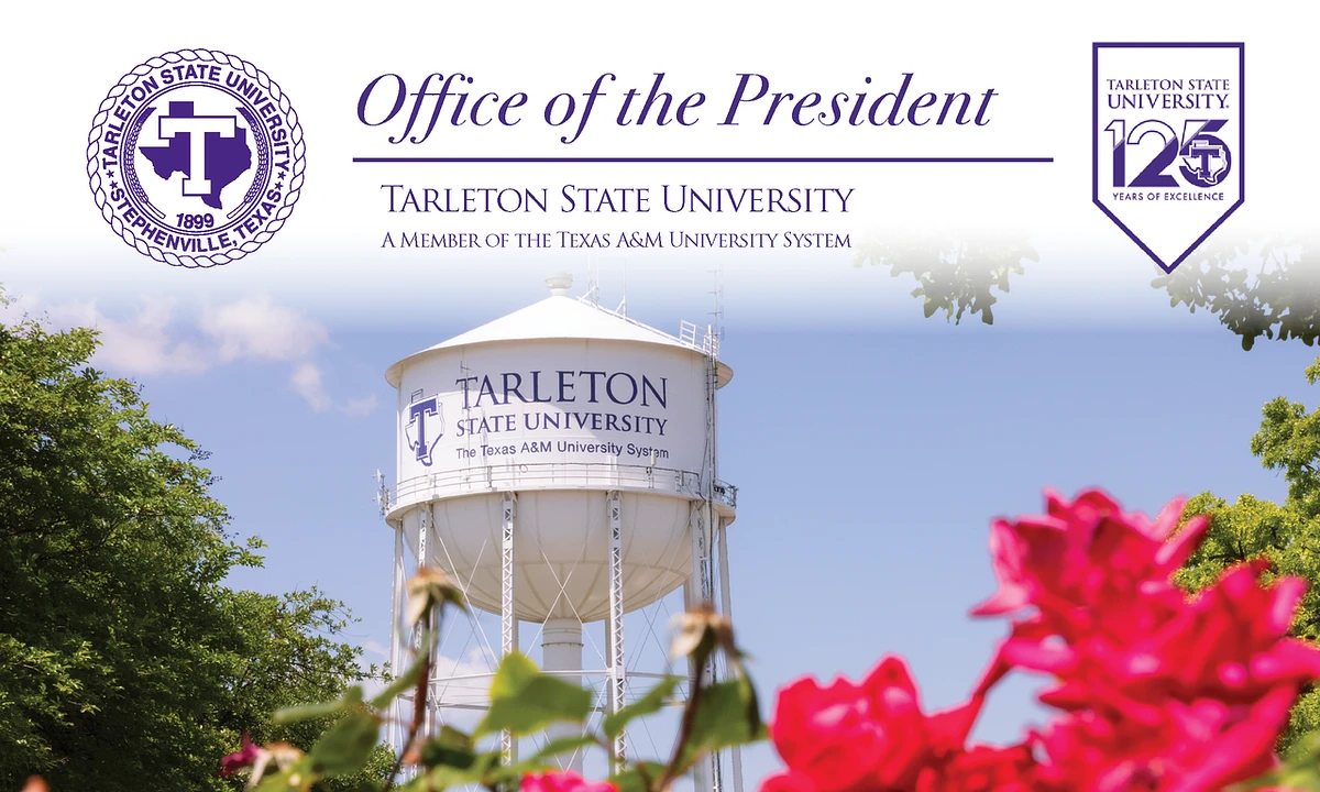 The image features a picturesque view of the Tarleton State University water tower surrounded by greenery and flowers, with text and logos highlighting its membership in the Texas A&M University System and promotion of the Office of the President.
