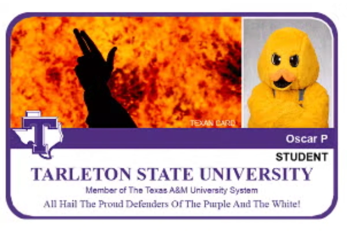 This image is a Tarleton State University student ID card featuring a duck and a silhouette of a hand gesture with a fiery background.