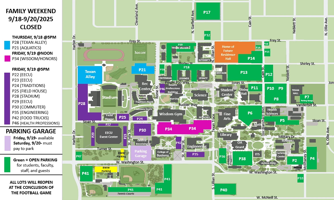 This image is a map of a campus showing parking areas and closures for a family weekend event scheduled for September 18-20, 2025.