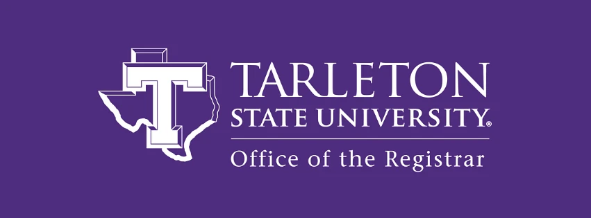 The image is a purple banner for Tarleton State University's Office of the Registrar, featuring a stylized "T" overlapping a Texas outline.