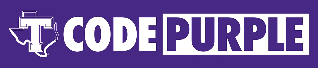 The image displays a purple banner with a Texas-shaped "T" logo followed by the words "CODE PURPLE."